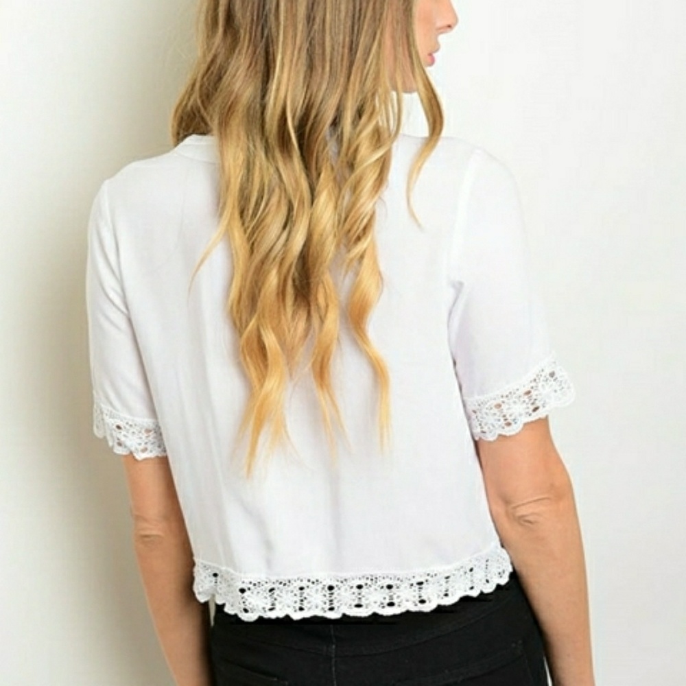 White Boho Pintuck Lace Up Crochet Trim Top - Picture 2 of 6